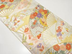 アンティーク　扇に花車・尾長鳥模様織り出し袋帯（材料）